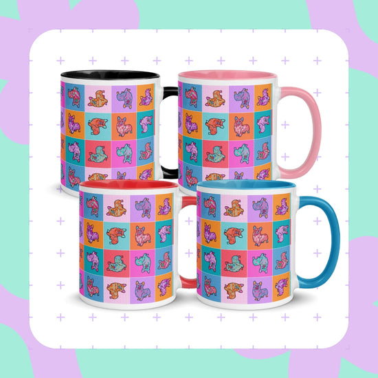 The Crazi Corgis Mug by My Favourite Colour is Rainbow features four colorful and durable ceramic mugs with cartoon Corgis on a pastel abstract design. Each mug has unique handle and interior colors: black, pink, white, and blue, perfect for coffee lovers.