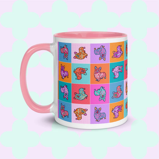 The Crazi Corgis Mug by My Favourite Colour is Rainbow features a vibrant grid of cartoon corgis in orange, blue, purple, and pink on teal, purple, orange, and pink backgrounds. Made from durable ceramic, its ideal for coffee lovers seeking colorful charm.