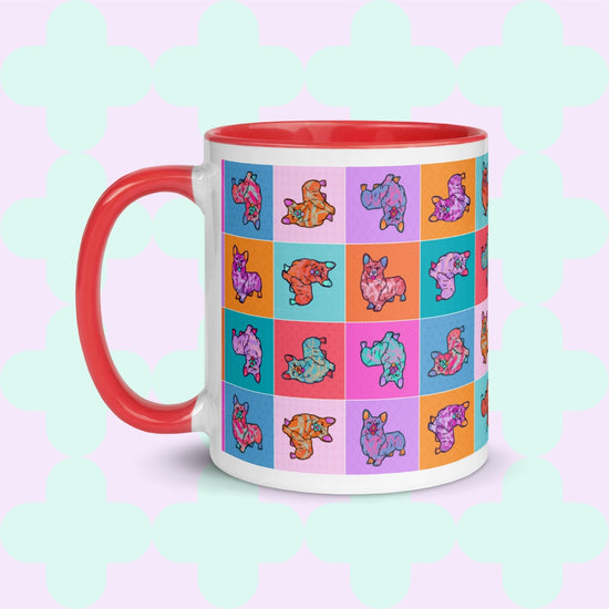 The Crazi Corgis Mug by My Favourite Colour is Rainbow is perfect for coffee enthusiasts, featuring a colorful grid of cartoon corgis in playful poses. This durable ceramic mug has a red handle and interior against a pastel mint green and light pink cross-patterned background.