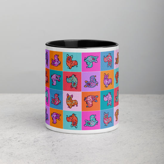 The Crazi Corgis Mug by My Favourite Colour is Rainbow is ideal for coffee lovers, featuring a sturdy ceramic build adorned with colorful cartoon animal illustrations. Bright hues like yellow, pink, orange, and blue stand out against contrasting backgrounds to enhance your coffee experience.