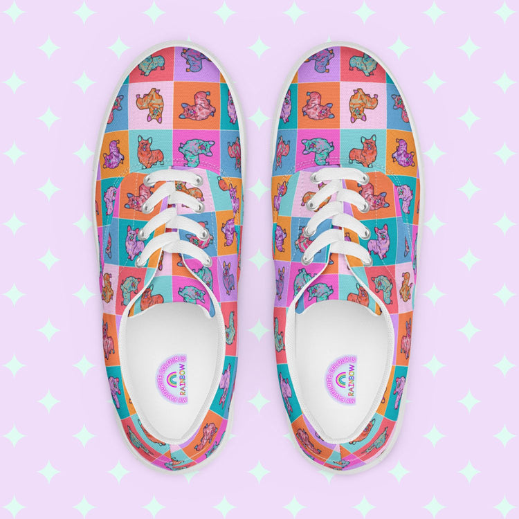 The Crazi Corgis Canvas Sneakers by My Favourite Colour is Rainbow are colourful lace-up shoes decorated with a pop art corgi design.  The inside of the shoe is white with My Favourite Colour is Rainbow branding on the footbed.  They have white laces and soles.