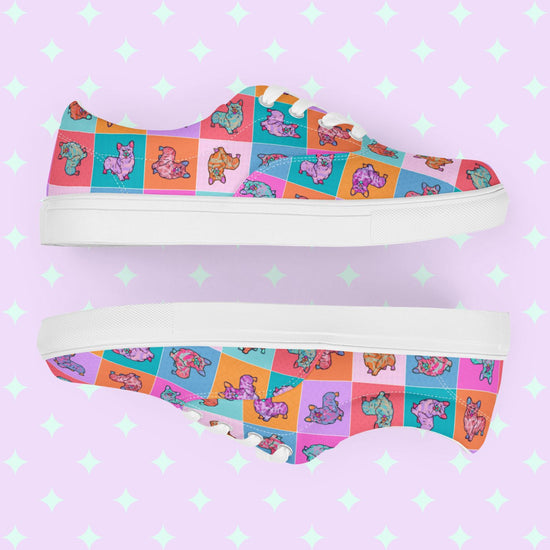 Side views of the Crazi Corgis Canvas Sneakers by My Favourite Colour is Rainbow: colourful lace-up shoes decorated with a pop art corgi design.  They have white laces and soles.