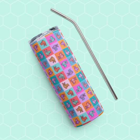 The Crazi Corgis Stainless Steel Tumbler by My Favourite Colour is Rainbow features a playful dinosaur pattern on a honeycomb backdrop. Adorned with dinosaurs in pink, blue, orange, and purple shades, it includes a sleek metal straw for eco-friendly sipping in colorful style.