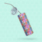 The Crazi Corgis Stainless Steel Tumbler by My Favourite Colour is Rainbow features a pale mint background with a subtle hexagonal design, colorful geometric patterns, and animal illustrations. It includes a clear plastic lid and durable metal straw.