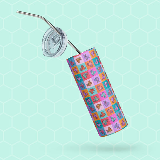 The Crazi Corgis Stainless Steel Tumbler by My Favourite Colour is Rainbow features a pale mint background with a subtle hexagonal design, colorful geometric patterns, and animal illustrations. It includes a clear plastic lid and durable metal straw.