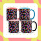 My Favourite Colour is Rainbows Electric Zigzag Mugs feature four ceramic mugs with vibrant spiral motifs on a black base, each having a distinct handle in red, blue, white, and black. Perfect for lively breaks, they boast yellow and pink abstract background shapes.