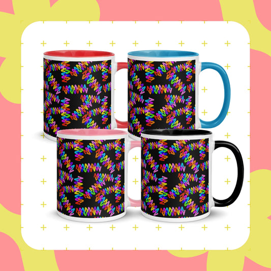 My Favourite Colour is Rainbows Electric Zigzag Mugs feature four ceramic mugs with vibrant spiral motifs on a black base, each having a distinct handle in red, blue, white, and black. Perfect for lively breaks, they boast yellow and pink abstract background shapes.