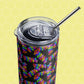 The Electric Zigzag Stainless Steel Tumbler by My Favourite Colour is Rainbow features a vibrant black body with bright zigzag patterns. It includes a clear plastic lid and shiny metal straw, set against a yellow hexagonal pattern background, combining style and sustainability for on-the-go use.