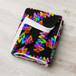 The My Favourite Colour is Rainbows Electric Zigzag Throw Blanket showcases a vibrant rainbow pattern on black, resting on a light wood surface. Its white edge contrasts beautifully with the bold design.
.