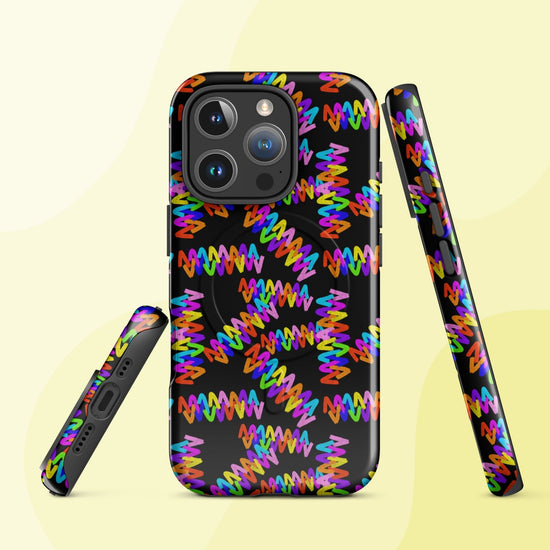 The Electric Zigzag MagSafe iPhone Case by My Favourite Colour is Rainbow features a dual-layer, shock-absorbing design with colorful neon zigzag patterns, spirals, and vivid rainbow hues. Displayed from multiple angles against a pale yellow background for a vibrant look.