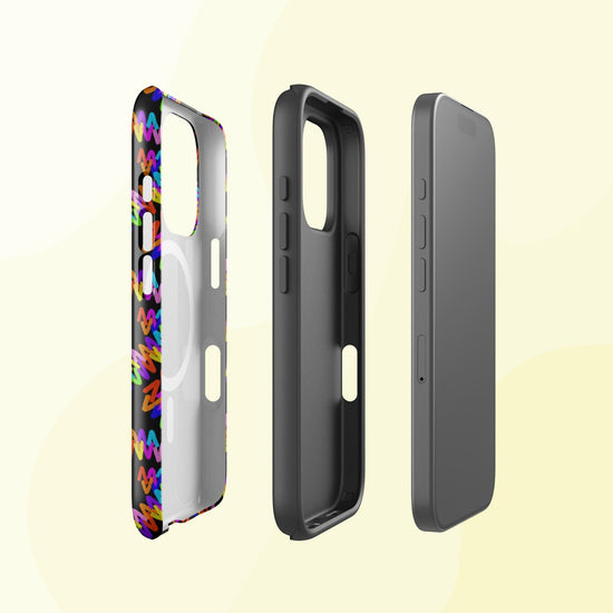 Three smartphone cases displayed: left is the Electric Zigzag MagSafe iPhone Case by My Favourite Colour is Rainbow with abstract patterns, middle is a black dual-layer case with visible buttons, and right is transparent and MagSafe compatible, featuring a phone inside. Background has a pale yellow gradient.