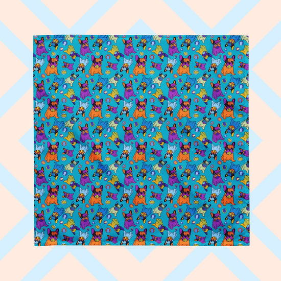 The Frenchie Fetch, Set, Match Bandana by My Favourite Colour is Rainbow showcases purple, orange, yellow and blue french bulldogs and tennis balls on a blue backdrop. 