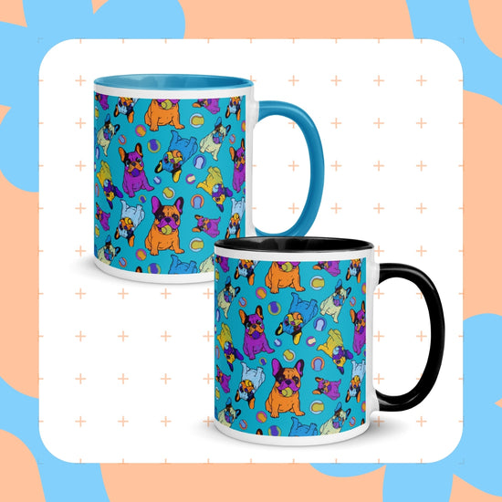 A set of two Frenchie Fetch, Set, Match Mug from My Favourite Colour is Rainbow, featuring cartoon French bulldogs in vibrant hues of orange and purple against a blue background with a peach and blue dotted border.