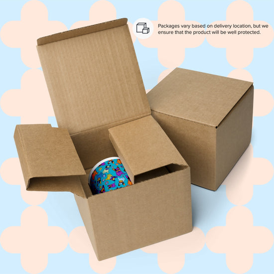 Two open cardboard boxes sit on a patterned background. Inside, a colorful item peeks out with Packages vary based on delivery location visible. Whether its the Frenchie Fetch, Set, Match Mug or another surprise from My Favourite Colour is Rainbow, your product will arrive well protected.