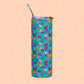 The Frenchie Fetch, Set, Match Stainless Steel Tumbler by My Favourite Colour is Rainbow features a vibrant cartoon French Bulldog design with a blue background and light peach honeycomb pattern. It includes a handy metal straw.