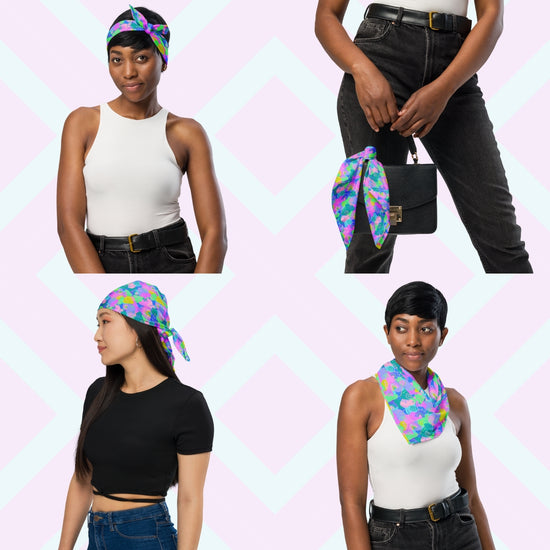 A collage of people styling the Funfetti Bandana from My Favourite Colour is Rainbow in different ways—around the neck, as headbands, or on handbags.  The bandana features an abstract pattern with vibrant swirls, rainbows and stars in blue, pink, purple and green.