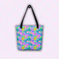 The Funfetti Tote Bag by My Favourite Colour is Rainbow features a colourful pattern of rainbows, clouds, and abstract shapes in pink, green, and blue hues