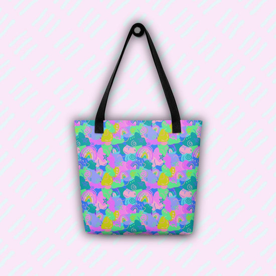 The Funfetti Tote Bag by My Favourite Colour is Rainbow features a colourful pattern of rainbows, clouds, and abstract shapes in pink, green, and blue hues