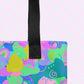 Close-up of the Funfetti Tote Bag by My Favourite Colour is Rainbow showing the sturdy black strap.  The bag features colourful pattern of rainbows, clouds, and abstract shapes in pink, green, and blue hues