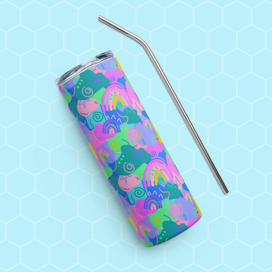 The Funfetti Stainless Steel Tumbler by My Favourite Colour is Rainbow features a vibrant abstract print of pink, blue and green rainbows, stars, blobs and squiggles. Paired with a sleek metal straw, it perfectly blends functionality and fun in one delightful package.  Shown on a light blue background.