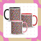 Three Galaxy Mugs by My Favourite Colour is Rainbow feature geometric patterns with checkerboards, circles, and stars. The ceramic mugs have different colored handles and interiors—black, red, and pink—against a background of pink and beige shapes.