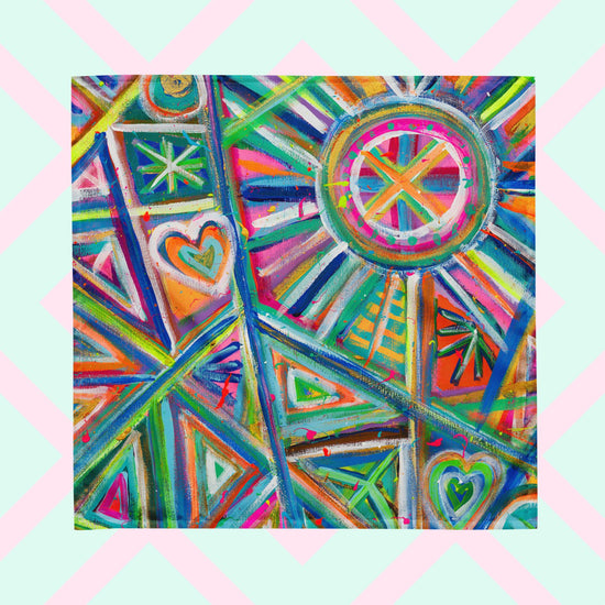 The Geometric Rainbow Bandana by My Favourite Colour is Rainbow features a vibrant abstract design with triangles, circles, and hearts in pink, blue, green, and orange.