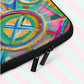 A  Geometric Rainbow Laptop Sleeve by My Favourite Colour is Rainbow is shown close-up, with a vibrant abstract pattern of crosses, circles, and paint splatters. There is a dual zipper.  The print is on only one side of the laptop sleeve, the other side is black.