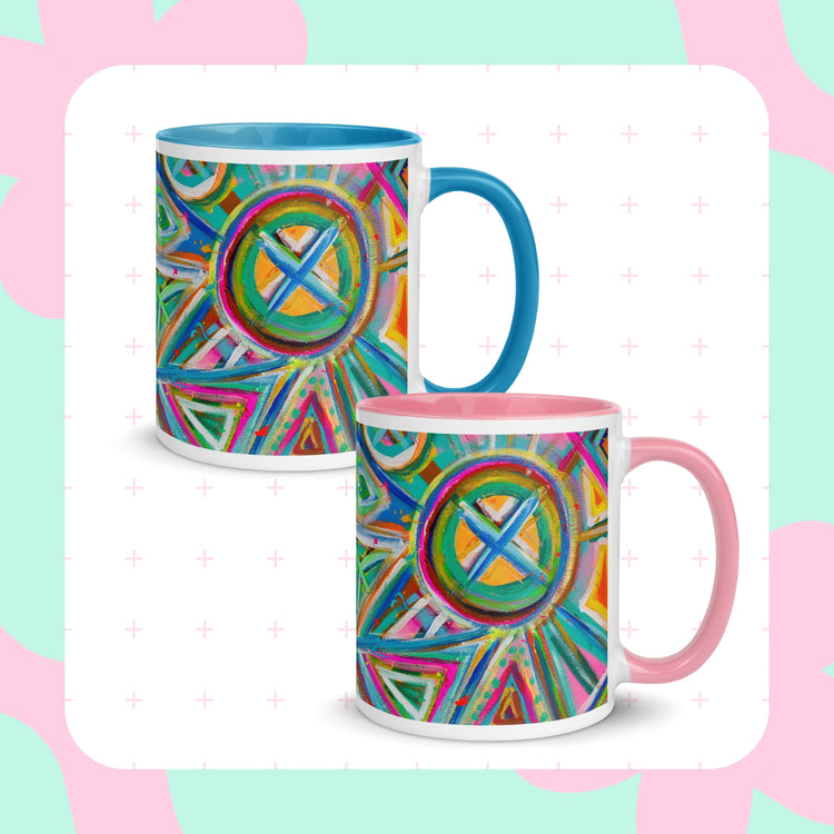 Explore the allure of Geometric Rainbow Mugs by My Favourite Colour is Rainbow! These ceramic mugs showcase colorful abstract designs: one with a blue handle and interior, the other with pink accents. Both are set against a pastel background with plus signs.