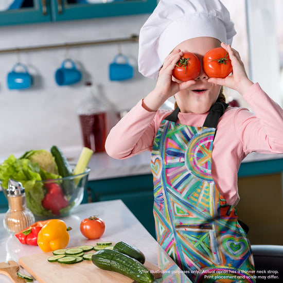 A young child in a chefs hat playfully holds tomatoes as glasses, wearing the Geometric Rainbow Apron by My Favourite Colour is Rainbow. The apron features vivid geometric designs in blue, pink, and green in a bright kitchen, with cucumbers and bell peppers on the counter.