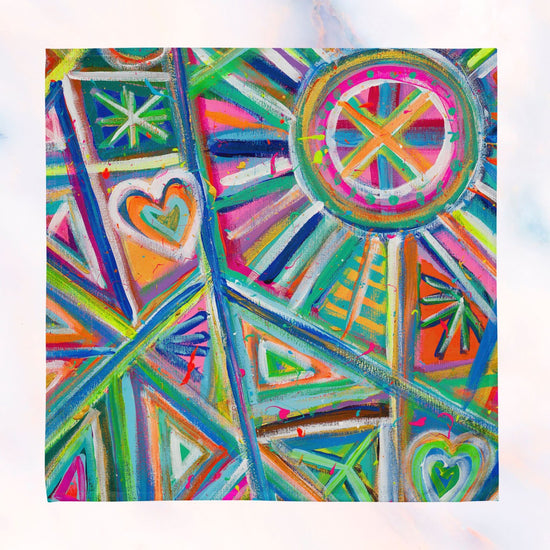 The Geometric Rainbow Cloth Napkin Set of 4 by My Favourite Colour is Rainbow showcases a vibrant abstract design with circles, triangles, and lines in neon pink, blue, green, and orange against a soft white background. Central sun-like figures and heart shapes add striking accents.