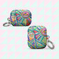 Two abstract AirPods cases by My Favourite Colour is Rainbow feature geometric rainbow patterns and heart motifs. Each case comes with a silver keychain against a pastel pink and green checkered background.