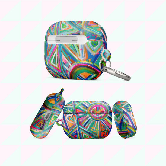 The Geometric Rainbow AirPods Case by My Favourite Colour is Rainbow features vibrant geometric patterns, including swirls, hearts, and stars. It offers views from the front open, top, and side. One case includes a keychain attachment and all are crafted from impact-absorbing materials.  They are shown on a pastel background.