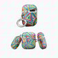 The Geometric Rainbow AirPods Case by My Favourite Colour is Rainbow features a colorful, geometric design with vibrant triangles and lines in pink, green, blue, and yellow. Its impact-absorbing, includes a keyring attachment.  This image shows the case from 4 different angles.