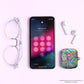 A smartphone with a passcode screen lies on a pink surface alongside clear eyeglasses, wireless earbuds, and the My Favourite Colour is Rainbows Geometric Rainbow AirPods Case.