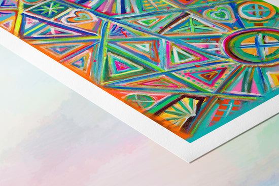 The Geometric Rainbow Fine Art Print by My Store showcases a colorful abstract design with triangles, circles, and hearts in vibrant shades of green, pink, blue, and yellow. This dynamic piece is ideal for fine art prints and includes a certificate of authenticity.