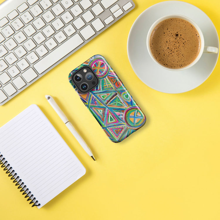 A product mockup of a bright and bold MagSafe iPhone cover with a fun geometric design