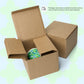 Two brown cardboard boxes sit on a light blue background with green shapes; one box is open, showing a colorful item, likely the My Favourite Colour is Rainbows Green Rainbow Mug. A note above mentions different packaging for delivery location and product protection.