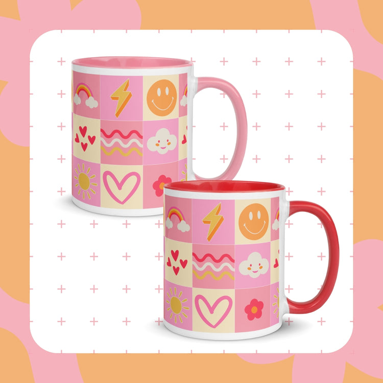 The Happy Smiles Sunny Days Mug set from My Favourite Colour is Rainbow includes two ceramic mugs with designs of rainbows, smiley faces, lightning bolts, hearts, and flowers set against a pastel backdrop with a dotted pattern.