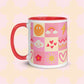 The Happy Smiles Sunny Days Mug by My Favourite Colour is Rainbow is crafted from ceramic and showcases a playful design with icons like a smiley face, rainbow, cloud, sun, lightning bolt, flower, zigzag pattern, and hearts. It features a red handle and interior against a pink background.