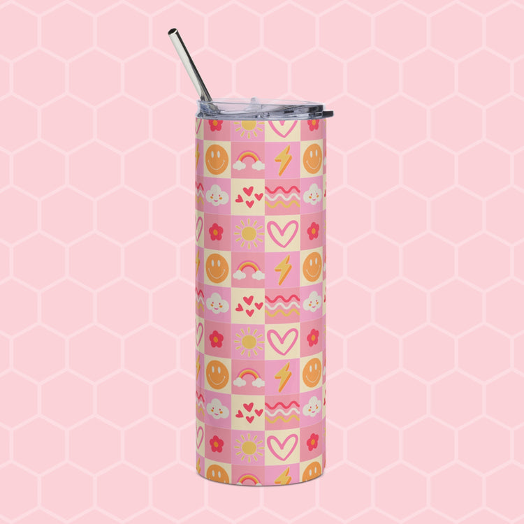 The Happy Smiles Sunny Days Stainless Steel Tumbler by My Favourite Colour is Rainbow features a metal straw and a vibrant design of smiley faces, hearts, clouds, suns, and lightning bolts in pink, yellow, and orange on a pink hexagonal background. Ideal for style-conscious tumbler users.