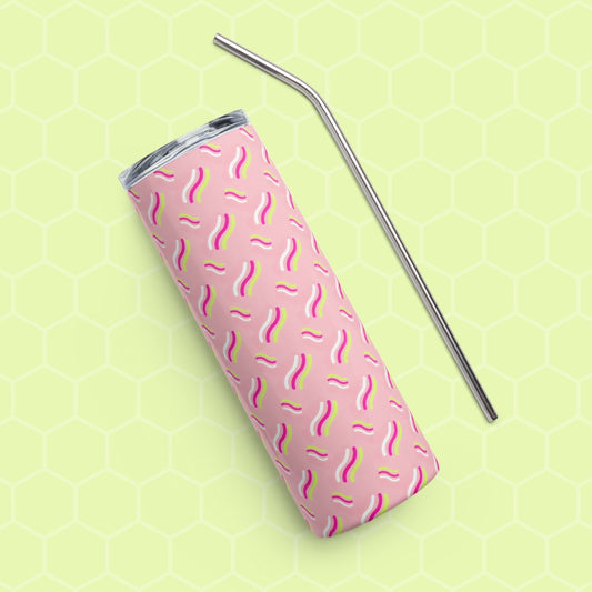 The Iced Vovo Stainless Steel Tumbler from My Favourite Colour is Rainbow features wavy rainbow lines on a pink and light green hexagonal backdrop, paired with a sleek metal straw for the ultimate combination of style and sustainability.