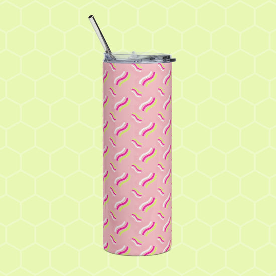 The Iced Vovo Stainless Steel Tumbler by My Favourite Colour is Rainbow features a tall pink design with a clear lid and metal straw, set against a light green honeycomb-patterned background with small rainbows.