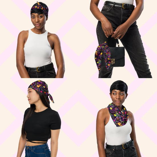 A collage of four images shows two women styling the In the Midnight Garden Bandana by My Favourite Colour is Rainbow as versatile accessories with black outfits. From headwrap to handbag accent and neckpiece, this colorful floral bandana stands out against a light geometric pattern background.