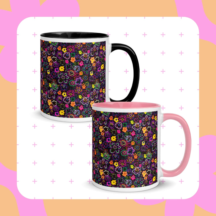 Two In the Midnight Garden mugs by My Favourite Colour is Rainbow, featuring colourful floral patterns on a black background One mug has a black interior and handle, while the other has a pink interior and handle.  The mugs are surrounded by a colourful border.