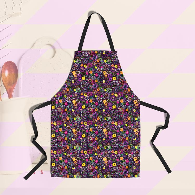 The In the Midnight Garden Apron by My Favourite Colour is Rainbow features a striking design of multicoloured flowers on a black background.  It has a black neck strap and adjustable ties. A white cutting board and wooden spoons are in the background of the image.