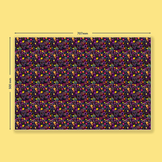 The In the Midnight Garden Wrapping Paper Sheet by My Favourite Colour is Rainbow features dense neon flowers on a dark purple background, measuring 707mm x 500mm. Displayed on a solid yellow surface, dimensions are marked by arrows, making it perfect for wrapping gifts.