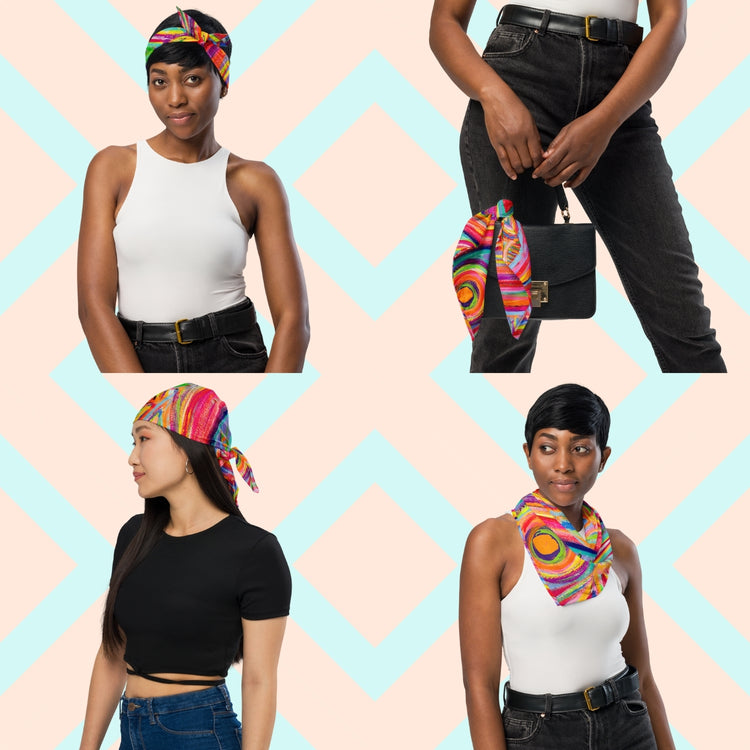 Four women show off the Karma Kaleidoscope Bandana by My Favourite Colour is Rainbow.  They style it as a headband, necktie, handbag accessory, and headwrap while in casual outfits.