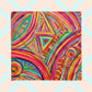 The Karma Kaleidoscope Bandana by My Favourite Colour is Rainbow features abstract art with vibrant swirls, stripes, and triangular shapes in red, orange, green, and blue.  Shown on a beige and light blue geometric background.