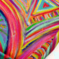 Close-up of the Karma Kaleidoscope painting with bold, swirling patterns reminiscent, reproduced on the Karma Kaleidoscope Mini Crossbody Bag by My Favourite Colour is Rainbow. The composition showcases red, orange, blue, and green hues with geometric shapes and curved lines in a dynamic layout.