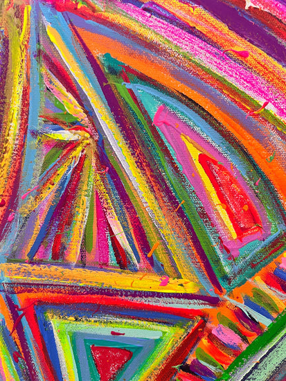 The Karma Kaleidoscope Framed Original Painting from My Store features vibrant, overlapping triangular shapes with bold colors like pink, orange, green, and blue. Its dynamic patterns and textured brushstrokes evoke movement and energy.